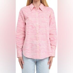 Grey Lab LA Zebra Animal Print Button Up Collared Pink Light Cream Shirt Size S